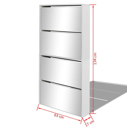 Schuhschrank mit 4 Fächern Spiegel Weiß 63×17×134 cm