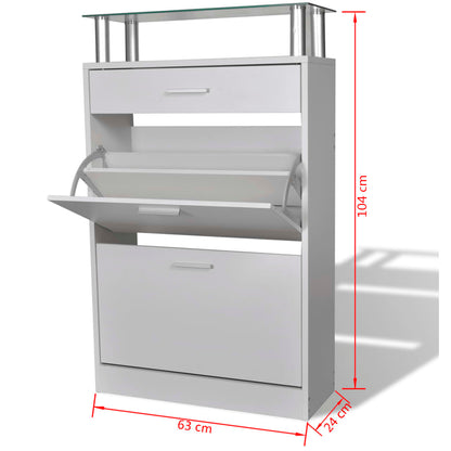 Schuhschrank mit Schubfach und oberem Glasregal Holz Weiß