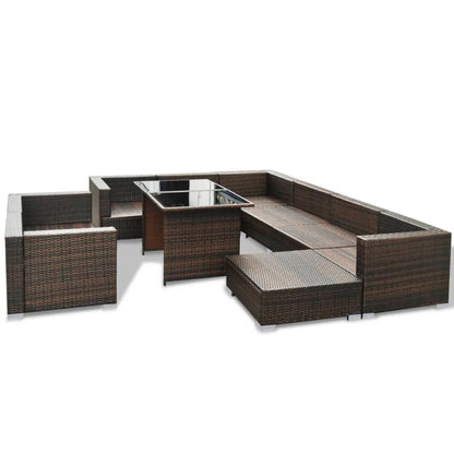 10-tlg. Garten-Lounge-Set mit Auflagen Poly Rattan Braun