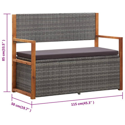 Bank mit Stauraum 115 cm Poly Rattan Massivholz Akazie Grau