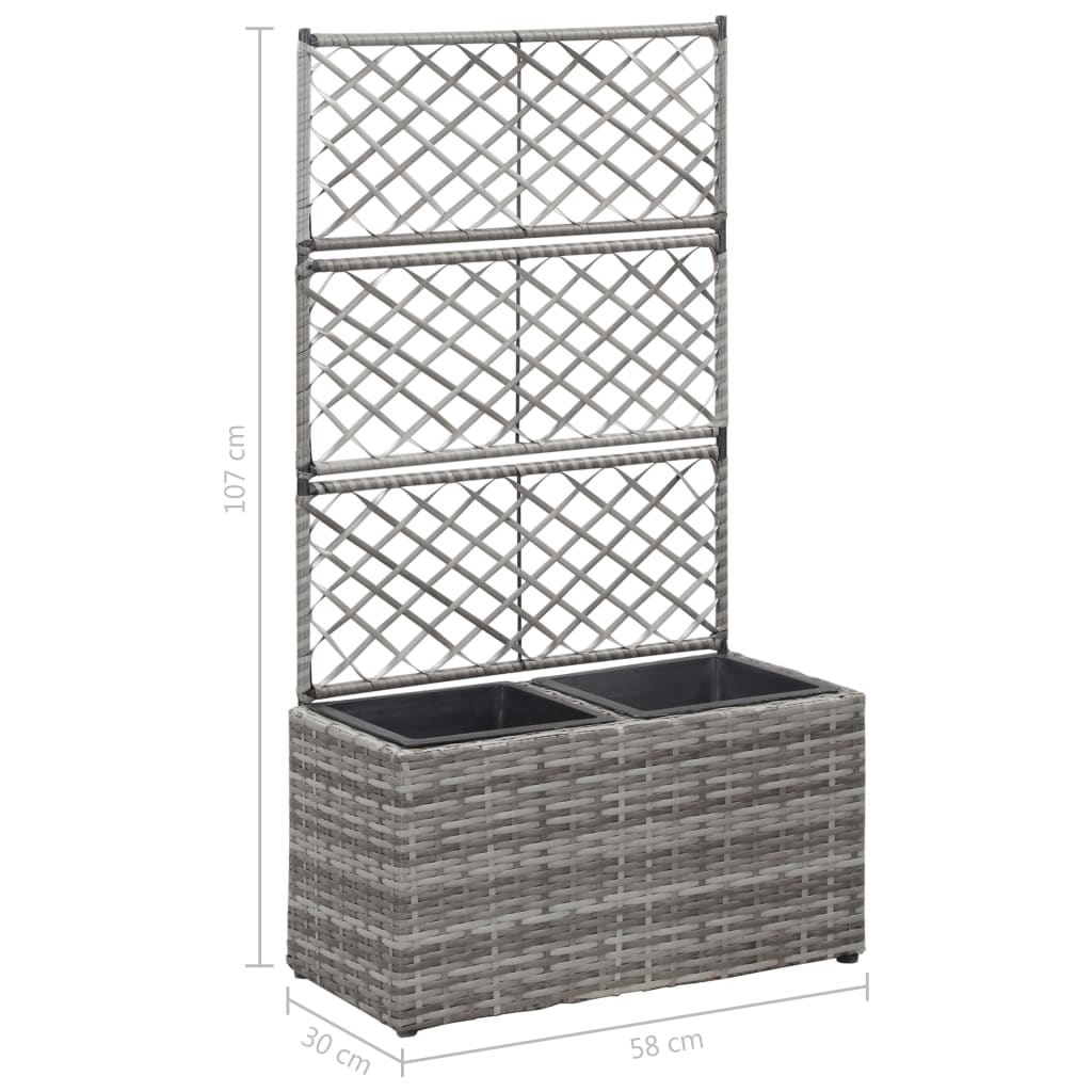 Hochbeet mit Rankgitter 2 Töpfe 58×30×107cm Poly Rattan Grau