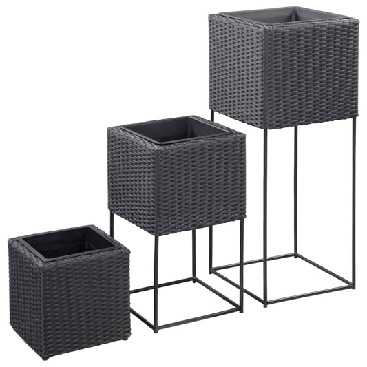 Garten-Hochbeete 3-tlg. Poly Rattan Schwarz