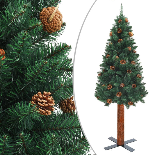 Weihnachtsbaum Schlank mit Echtholz und Zapfen Grün 150 cm PVC