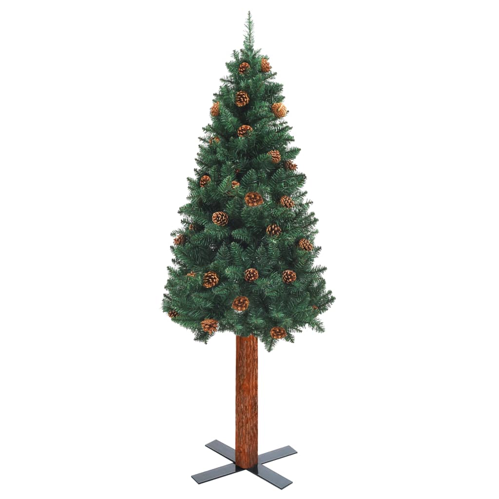 Weihnachtsbaum Schlank mit Echtholz und Zapfen Grün 150 cm PVC