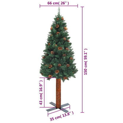 Weihnachtsbaum Schlank mit Echtholz und Zapfen Grün 150 cm PVC