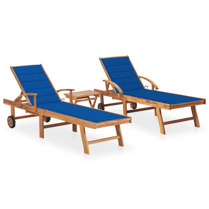 Sonnenliegen 2 Stk. mit Tisch und Auflagen Massivholz Teak