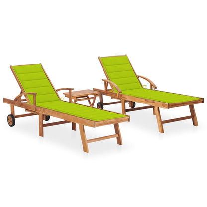 Sonnenliegen 2 Stk. mit Tisch und Auflagen Massivholz Teak