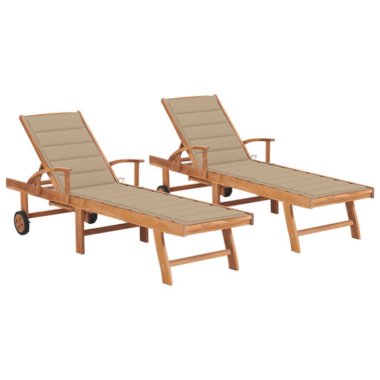 Sonnenliegen 2 Stk. mit Auflagen Beige Massivholz Teak