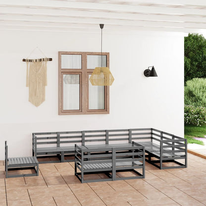 10-tlg. Garten-Lounge-Set Grau Kiefer Massivholz