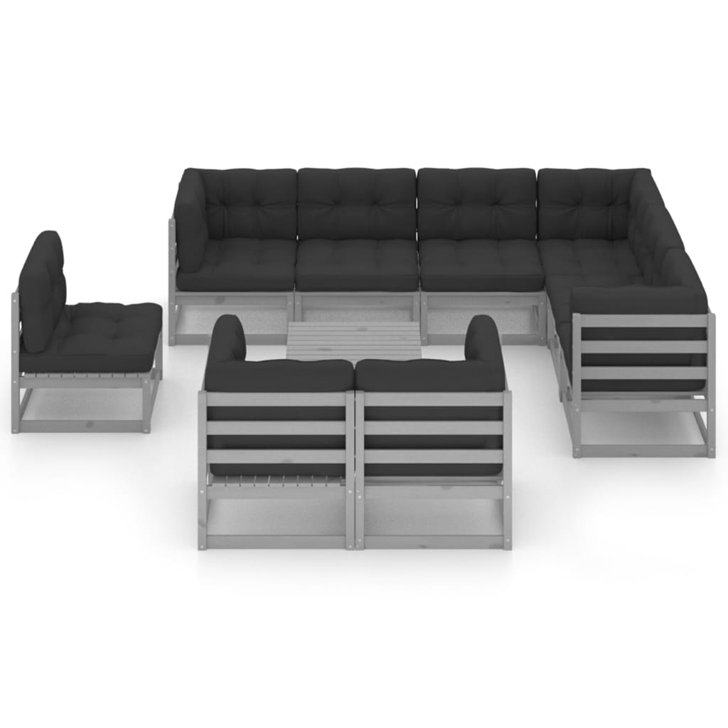 10-tlg. Garten-Lounge-Set mit Kissen Grau Massivholz Kiefer