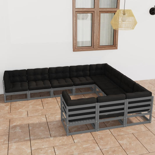 10-tlg. Garten-Lounge-Set mit Kissen Grau Massivholz Kiefer