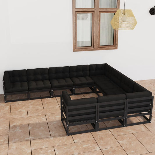 10-tlg. Garten-Lounge-Set mit Kissen Schwarz Massivholz Kiefer