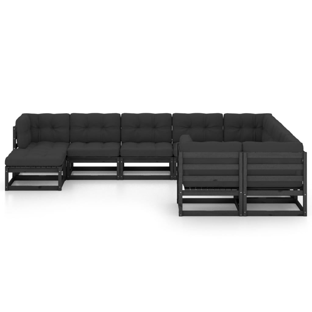 10-tlg. Garten-Lounge-Set mit Kissen Schwarz Massivholz Kiefer