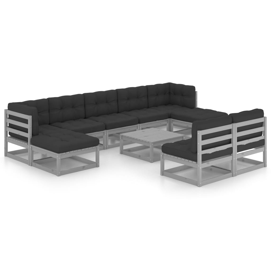 10-tlg. Garten-Lounge-Set mit Kissen Grau Massivholz Kiefer