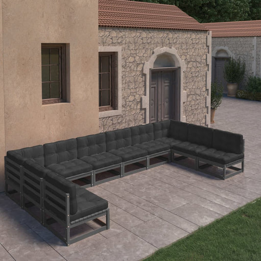 10-tlg. Garten-Lounge-Set mit Kissen Schwarz Massivholz Kiefer