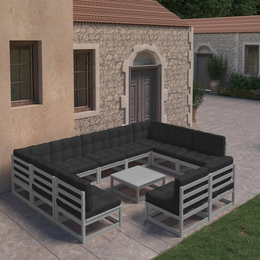 10-tlg. Garten-Lounge-Set mit Kissen Grau Massivholz Kiefer