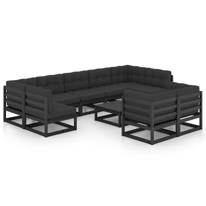 10-tlg. Garten-Lounge-Set mit Kissen Schwarz Massivholz Kiefer