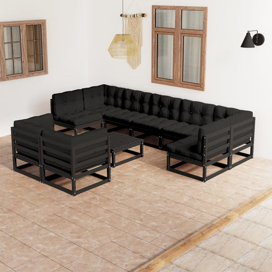 10-tlg. Garten-Lounge-Set mit Kissen Schwarz Massivholz Kiefer