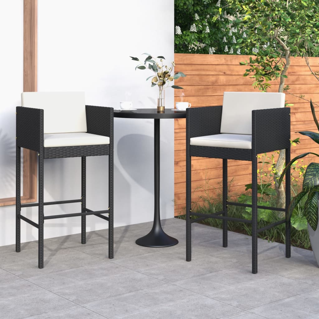 Barhocker 2 Stk. mit Kissen Schwarz Poly Rattan