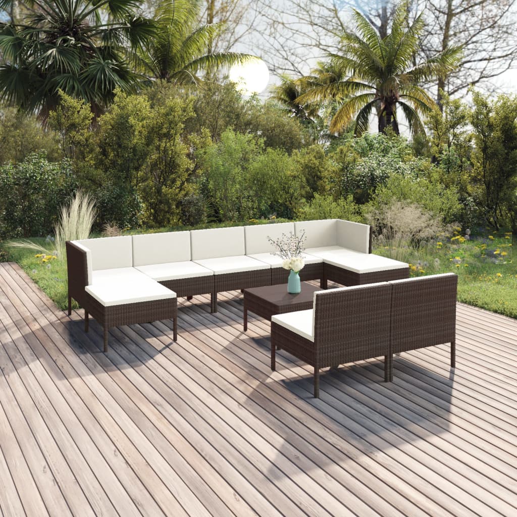 10-tlg. Garten-Lounge-Set mit Auflagen Poly Rattan Braun