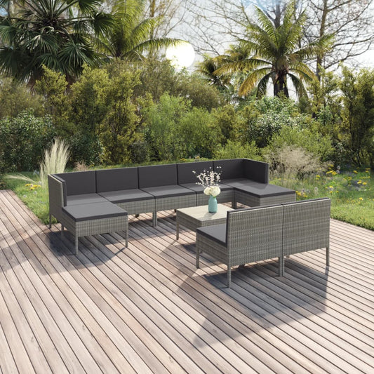 10-tlg. Garten-Lounge-Set mit Auflagen Poly Rattan Grau