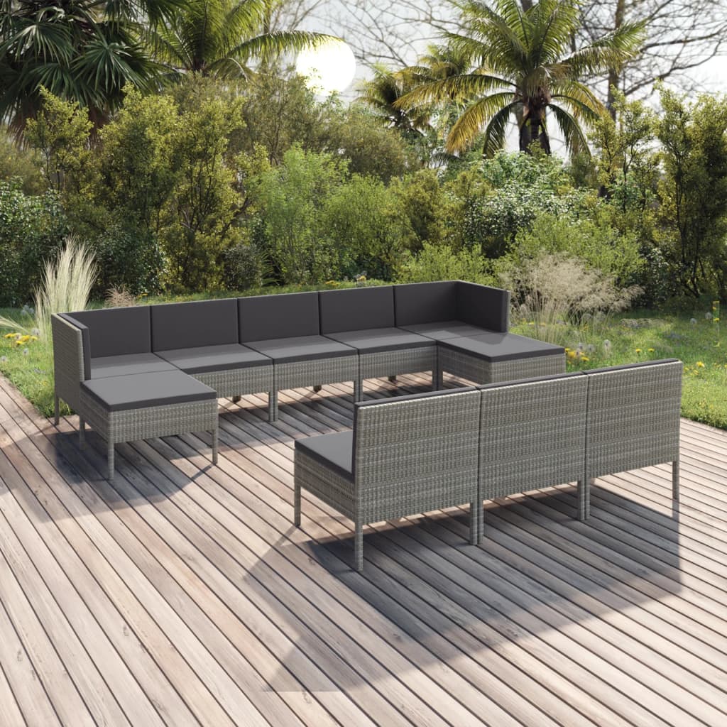 10-tlg. Garten-Lounge-Set mit Auflagen Poly Rattan Grau