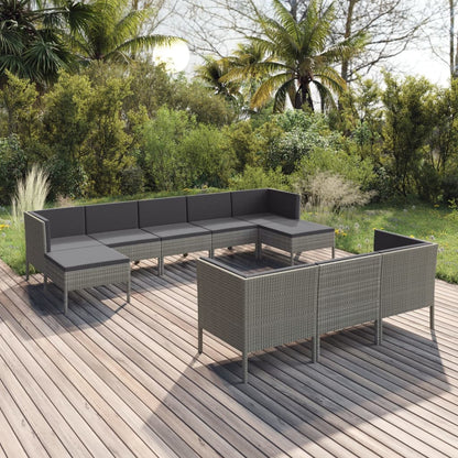 10-tlg. Garten-Lounge-Set mit Auflagen Poly Rattan Grau