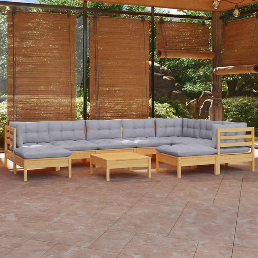 10-tlg. Garten-Lounge-Set mit Grauen Kissen Kiefer Massivholz