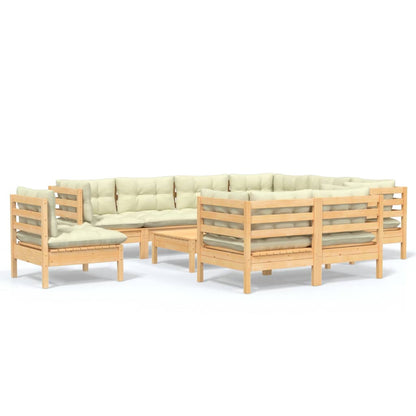 10-tlg. Garten-Lounge-Set mit Creme Kissen Massivholz Kiefer