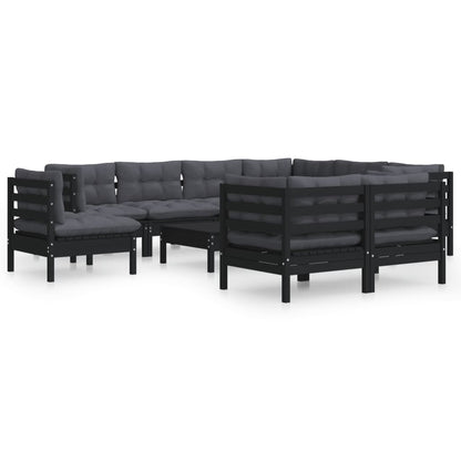 10-tlg. Garten-Lounge-Set mit Kissen Schwarz Massivholz Kiefer