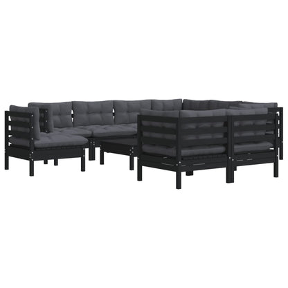 10-tlg. Garten-Lounge-Set mit Kissen Schwarz Massivholz Kiefer