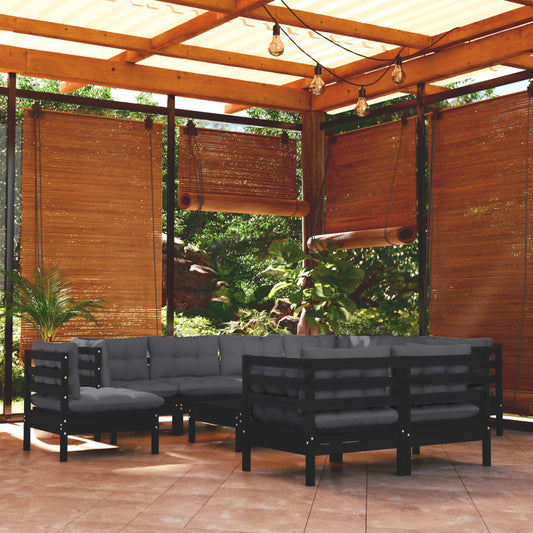 10-tlg. Garten-Lounge-Set mit Kissen Schwarz Massivholz Kiefer