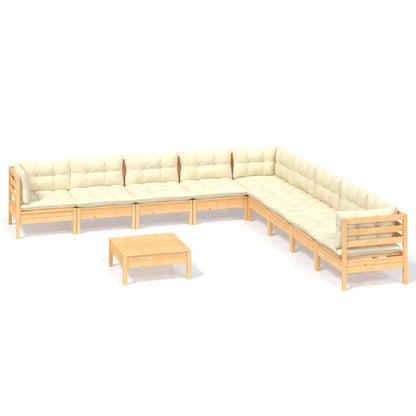 10-tlg. Garten-Lounge-Set mit Creme Kissen Massivholz Kiefer