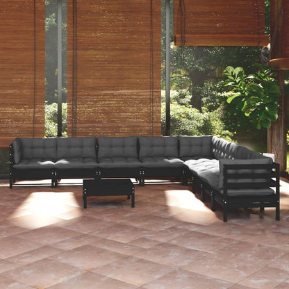 10-tlg. Garten-Lounge-Set mit Kissen Schwarz Massivholz Kiefer