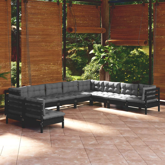 10-tlg. Garten-Lounge-Set mit Kissen Schwarz Massivholz Kiefer