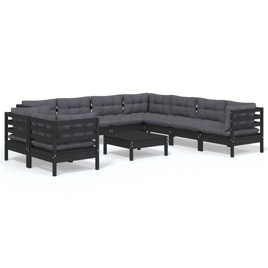 10-tlg. Garten-Lounge-Set mit Kissen Schwarz Massivholz Kiefer