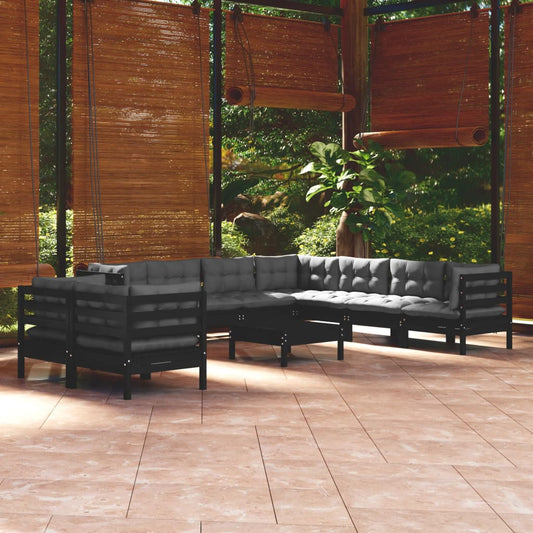 10-tlg. Garten-Lounge-Set mit Kissen Schwarz Massivholz Kiefer