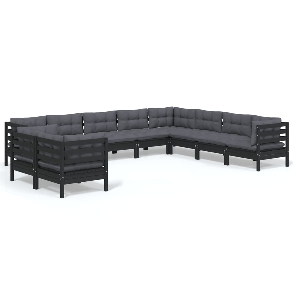 10-tlg. Garten-Lounge-Set mit Kissen Schwarz Massivholz Kiefer