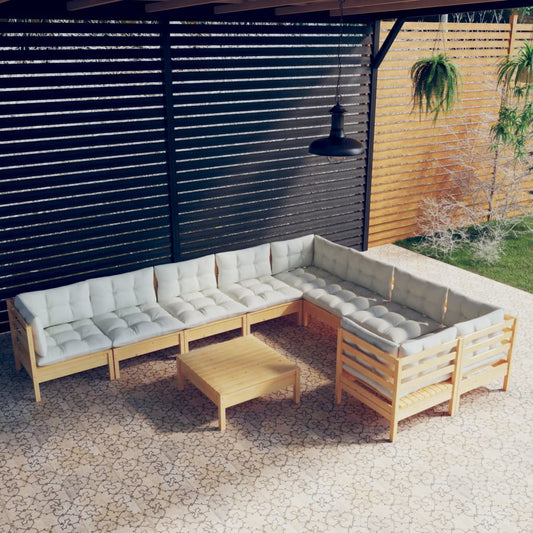 10-tlg. Garten-Lounge-Set mit Creme Kissen Kiefernholz