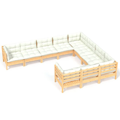 10-tlg. Garten-Lounge-Set mit Creme Kissen Kiefernholz