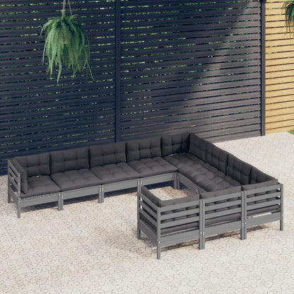 10-tlg. Garten-Lounge-Set mit Kissen Grau Kiefernholz