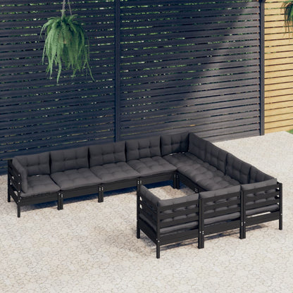 10-tlg. Garten-Lounge-Set mit Kissen Schwarz Kiefernholz