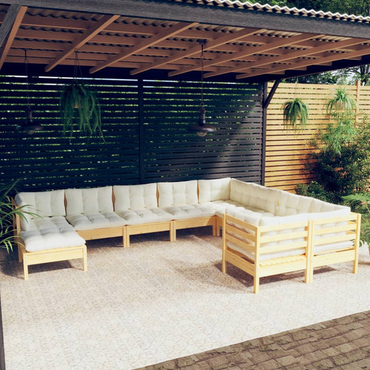 10-tlg. Garten-Lounge-Set mit Creme Kissen Kiefernholz