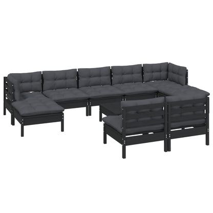 10-tlg. Garten-Lounge-Set mit Kissen Schwarz Kiefernholz