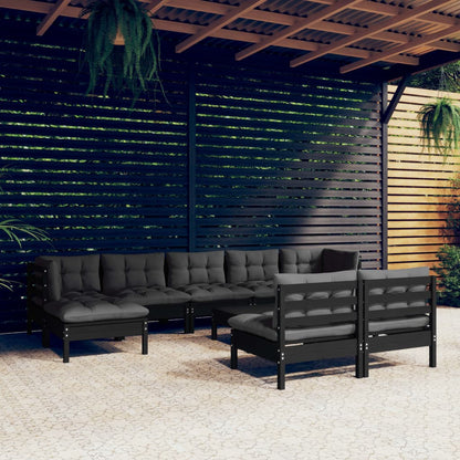 10-tlg. Garten-Lounge-Set mit Kissen Schwarz Kiefernholz