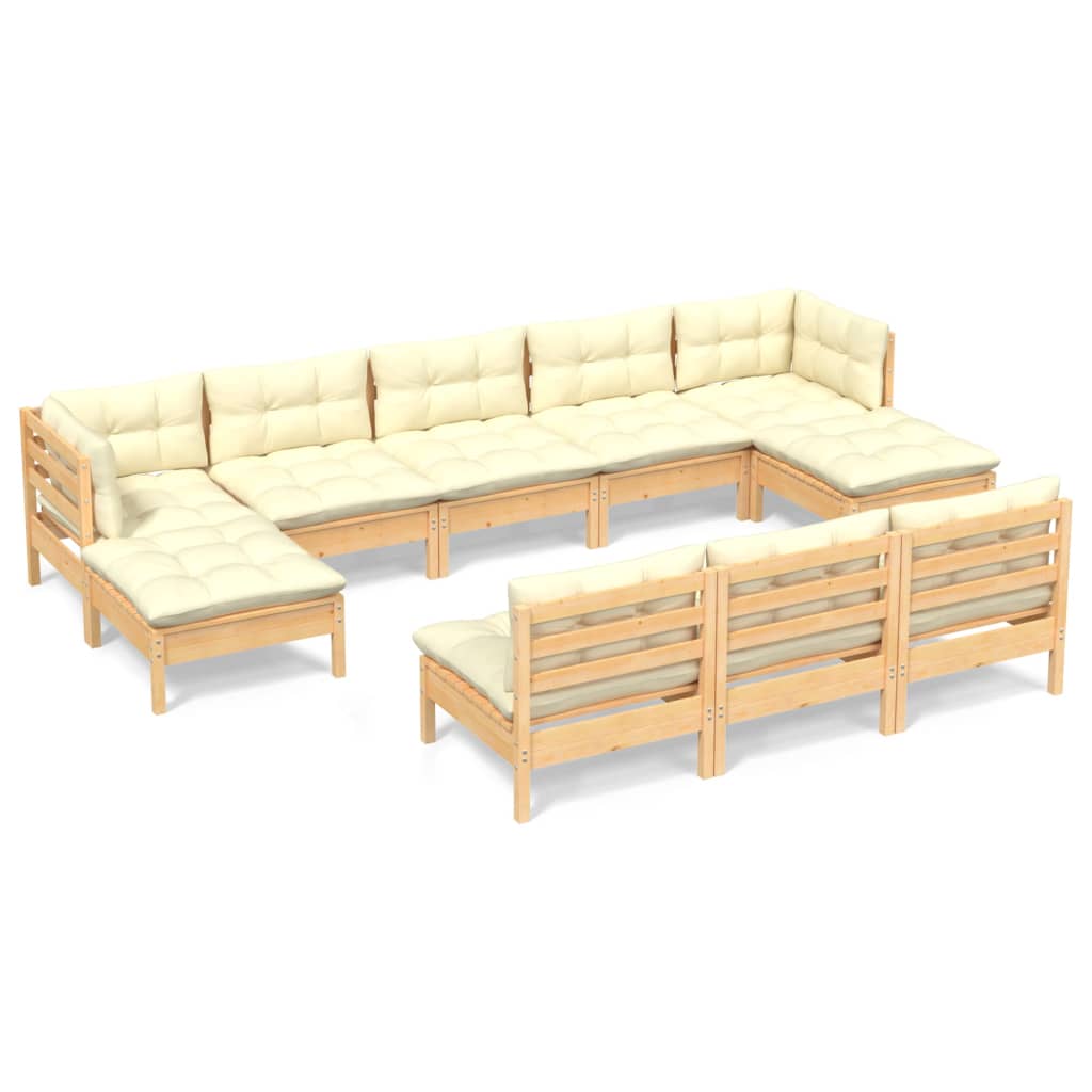 10-tlg. Garten-Lounge-Set mit Creme Kissen Kiefernholz