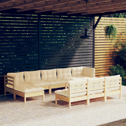 10-tlg. Garten-Lounge-Set mit Creme Kissen Kiefernholz