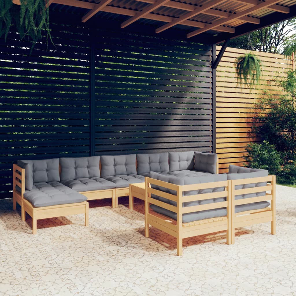 10-tlg. Garten-Lounge-Set mit Grauen Kissen Kiefer Massivholz