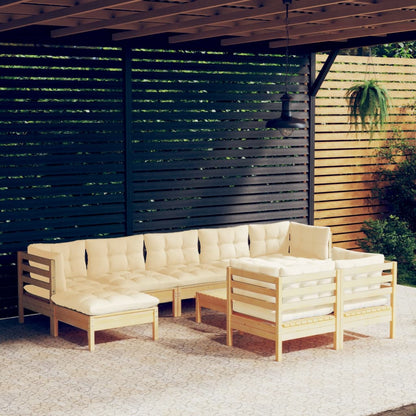 10-tlg. Garten-Lounge-Set mit Creme Kissen Massivholz Kiefer