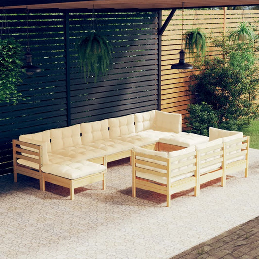 10-tlg. Garten-Lounge-Set mit Creme Kissen Massivholz Kiefer